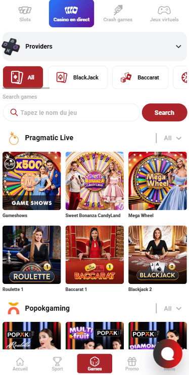 Section casino live de Bel Paryaj — tables avec croupiers en direct