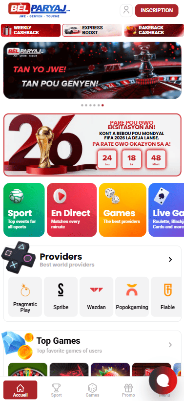 Page d'accueil de l'application Bel Paryaj — paris sportifs, casino et jeux virtuels sur mobile